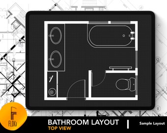 May include: A black and white bathroom layout plan with a bath, toilet, sink, and shower. The plan is labelled "Bathroom Layout" and "Top View".
