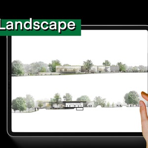 K&ouml;nnte beinhalten: Eine digitale Illustration eines Landschaftsgestaltungsplans auf einem Tablet-Bildschirm. Der Plan zeigt ein Geb&auml;ude mit B&auml;umen und Landschaftsgestaltung. Das Wort "Landschaft" wird oben auf dem Bildschirm angezeigt.