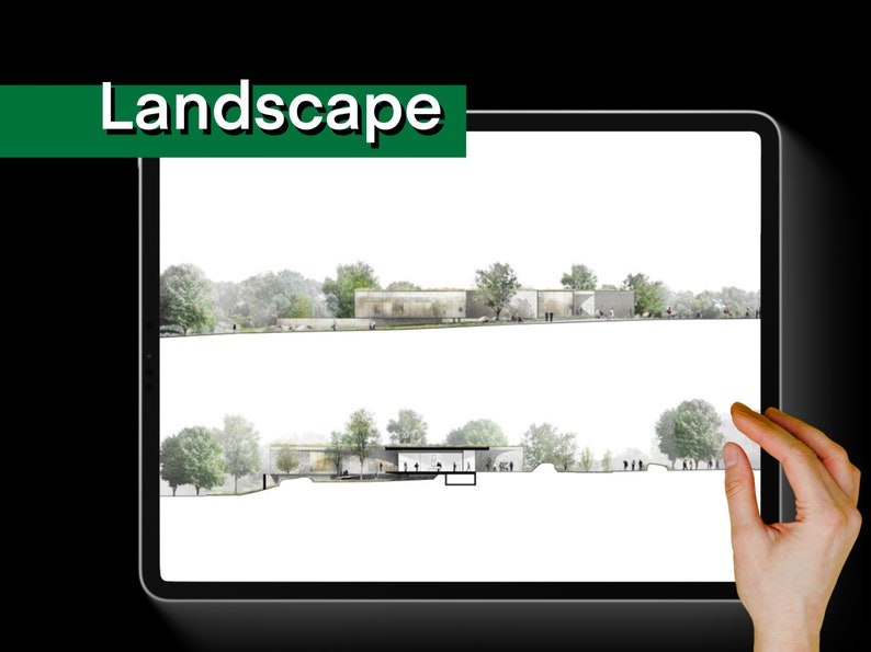 K&ouml;nnte beinhalten: Eine digitale Illustration eines Landschaftsgestaltungsplans auf einem Tablet-Bildschirm. Der Plan zeigt ein Geb&auml;ude mit B&auml;umen und Landschaftsgestaltung. Das Wort "Landschaft" wird oben auf dem Bildschirm angezeigt.