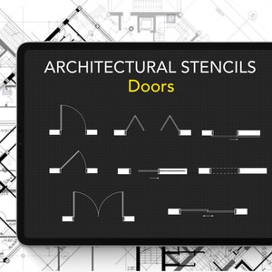 May include: A digital tablet screen displaying architectural stencils for doors. The stencils are black and white line drawings of different door styles, including single doors, double doors, and sliding doors.