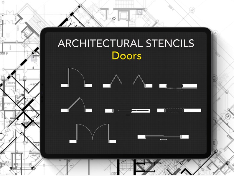 May include: A digital tablet screen displaying architectural stencils for doors. The stencils are black and white line drawings of different door styles, including single doors, double doors, and sliding doors.