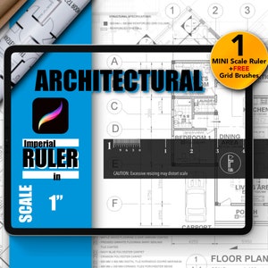 May include: A blue tablet screen displaying a floor plan with the words "ARCHITECTURAL" and "Imperial Ruler in Scale 1" in white text. The tablet is on top of a blueprint with the words "FLOOR PLAN" and "CARPORT".