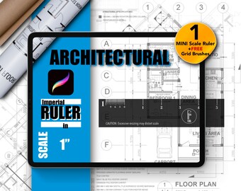 May include: A blue tablet screen displaying a floor plan with the words "ARCHITECTURAL" and "Imperial Ruler in Scale 1" in white text. The tablet is on top of a blueprint with the words "FLOOR PLAN" and "CARPORT".