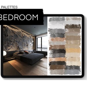 May include: A color palette for a bedroom with a modern design. The palette features shades of gray, brown, and beige. The image shows a bedroom with a large window, a bed with a gray headboard, and a wooden floor.