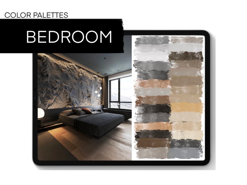 May include: A color palette for a bedroom with a modern design. The palette features shades of gray, brown, and beige. The image shows a bedroom with a large window, a bed with a gray headboard, and a wooden floor.