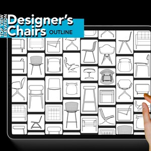 May include: A digital screen displaying a grid of 36 black and white line drawings of chairs, sofas, and stools. The text "Designer's Chairs OUTLINE" is at the top of the screen.