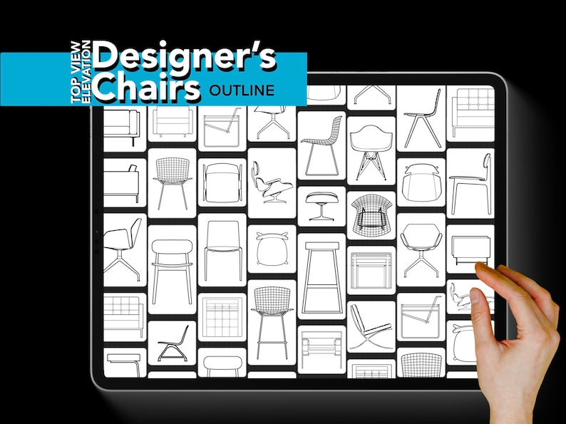 May include: A digital screen displaying a grid of 36 black and white line drawings of chairs, sofas, and stools. The text "Designer's Chairs OUTLINE" is at the top of the screen.