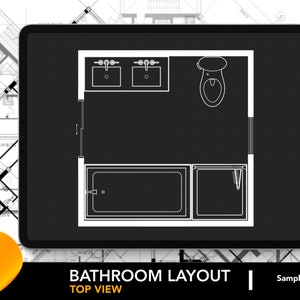 Puede incluir: Un dibujo en blanco y negro de una distribución de baño, que muestra un inodoro, una bañera, una ducha y dos lavabos. El dibujo está etiquetado como "Diseño de baño" y "Vista superior".