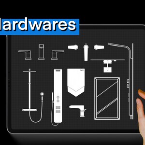 May include: A digital tablet screen displaying a variety of bathroom hardware, including showerheads, faucets, and towel bars. The text "Hardwares" is displayed at the top of the screen.