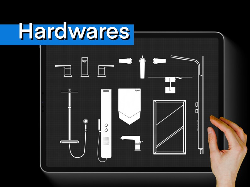 May include: A digital tablet screen displaying a variety of bathroom hardware, including showerheads, faucets, and towel bars. The text "Hardwares" is displayed at the top of the screen.