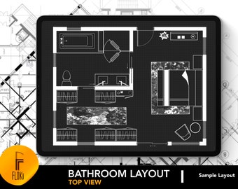 May include: A black and white digital drawing of a bathroom layout, showing a bathtub, toilet, sink, and a bedroom with a bed and a chair. The drawing is labelled "Bathroom Layout" and "Top View".