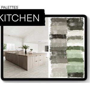 May include: A digital image of a kitchen interior design with a large island and a color palette of muted greens and grays. The image is divided into two sections, with the kitchen on the left and a color palette on the right. The color palette is made up of 12 different shades of green and gray, arranged in horizontal stripes.