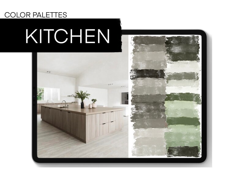 May include: A digital image of a kitchen interior design with a large island and a color palette of muted greens and grays. The image is divided into two sections, with the kitchen on the left and a color palette on the right. The color palette is made up of 12 different shades of green and gray, arranged in horizontal stripes.