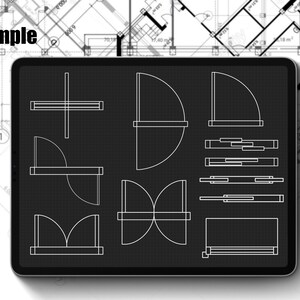 May include: A digital tablet screen displaying a variety of black and white architectural floor plan designs. The designs include different shapes and configurations of rooms and spaces.