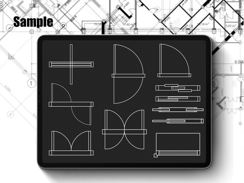 May include: A digital tablet screen displaying a variety of black and white architectural floor plan designs. The designs include different shapes and configurations of rooms and spaces.