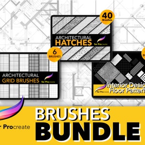 Op de afbeelding: Een set van 96 Procreate-penselen voor architectuur en interieurontwerp. De set bevat 40 architectonische arceringen, 6 architectonische rasterpenselen en 30 interieurontwerp vloerpatronen. De penselen worden weergegeven op een witte achtergrond met een blauwdrukpatroon.
