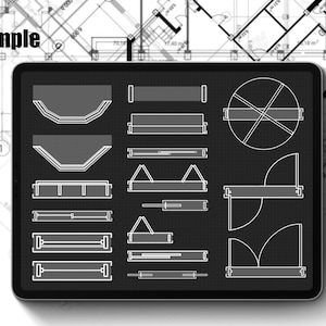 May include: A digital tablet screen displaying a variety of black and white line drawings of different shapes and sizes. The shapes include circles, squares, rectangles, and triangles. The drawings are on a black background with a white grid pattern.