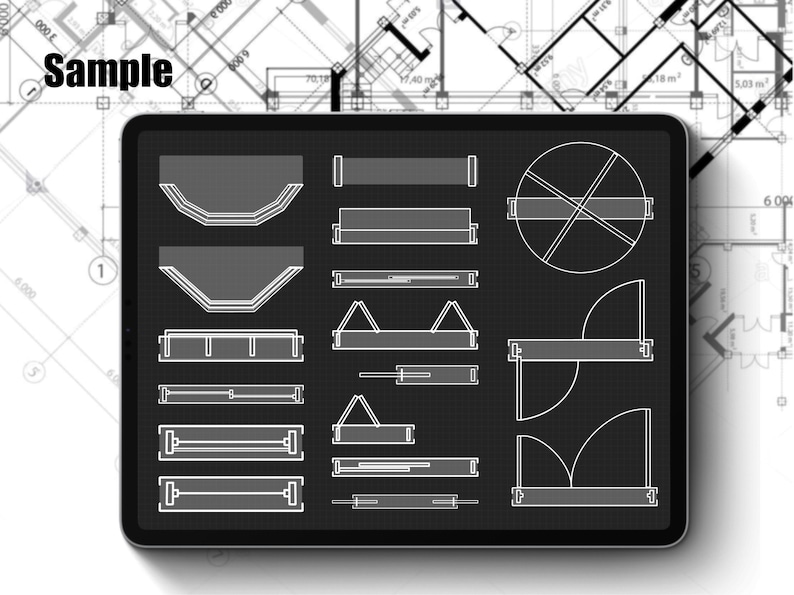 May include: A digital tablet screen displaying a variety of black and white line drawings of different shapes and sizes. The shapes include circles, squares, rectangles, and triangles. The drawings are on a black background with a white grid pattern.