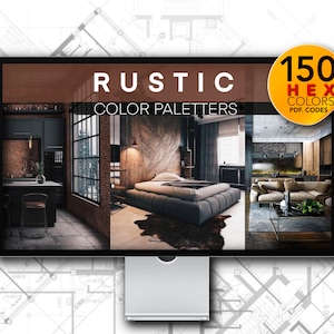 May include: A digital image on a computer monitor showcasing three different interior design spaces with a rustic theme. The image is titled "RUSTIC COLOR PALETTERS" and includes the text "150 HEX COLORS PDF CODES".