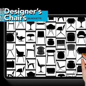May include: A digital tablet screen displaying a grid of black and white silhouettes of various designer chairs. The text "Designer's Chairs Silhouette" is at the top of the screen.