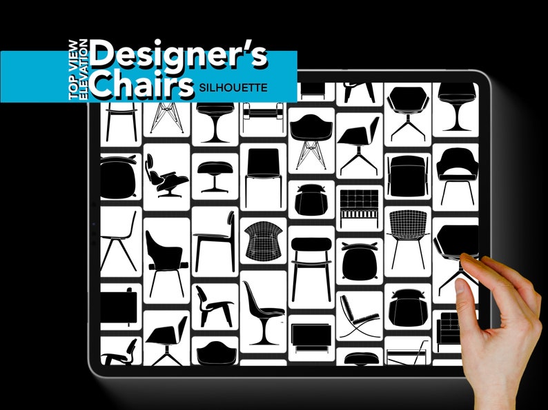 May include: A digital tablet screen displaying a grid of black and white silhouettes of various designer chairs. The text "Designer's Chairs Silhouette" is at the top of the screen.