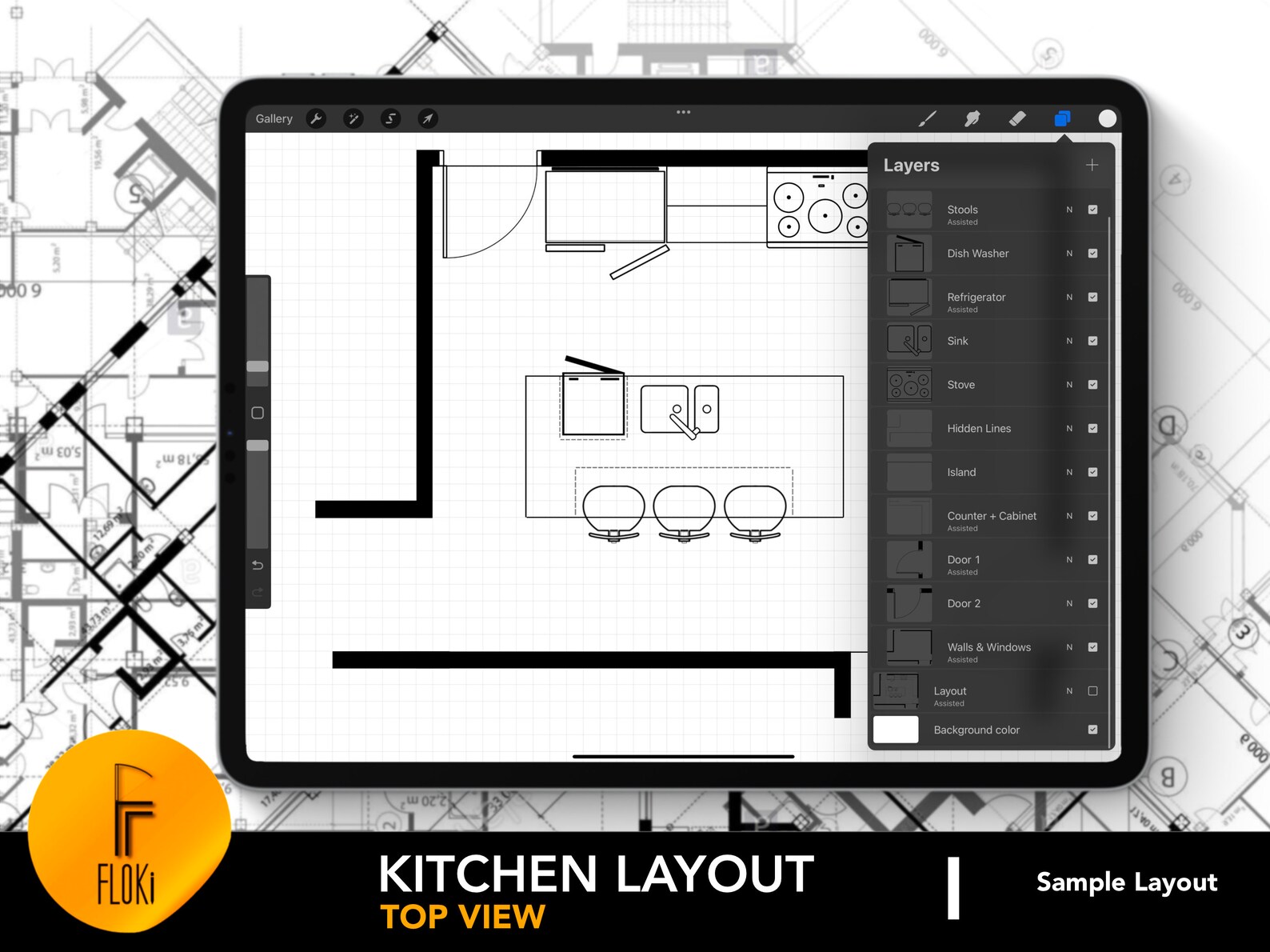 Architectural Kitchen Layout for Procreate | Kitchen Design 1| Kitchen ...