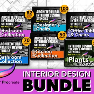 May include: A bundle of digital interior design stencils for Procreate. The bundle includes 6 different collections: Bedroom, Bathroom, Kitchen, Designer's Chairs, Office Tables & Chairs, and Plants. Each collection features a different theme and includes a variety of stencils for creating interior design plans.