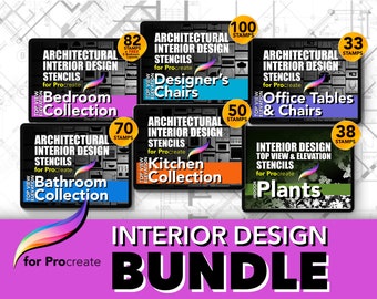 The Interior Designer's Brushes Bundle for Procreate | 373 Stamps for Designer's Chairs, Bedroom, Bathroom, Kitchen, Office & Plants