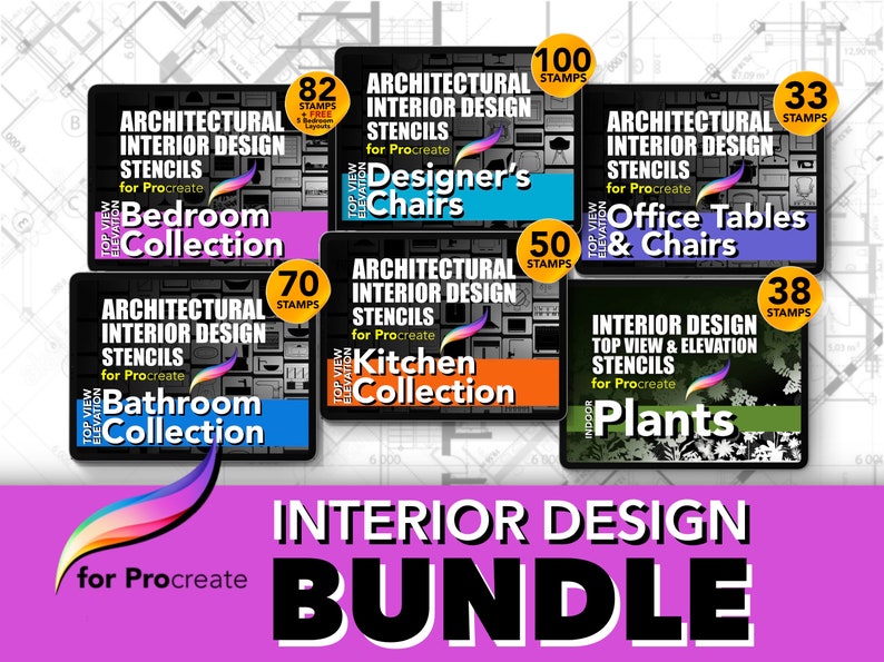 May include: A bundle of digital interior design stencils for Procreate. The bundle includes 6 different collections: Bedroom, Bathroom, Kitchen, Designer's Chairs, Office Tables & Chairs, and Plants. Each collection features a different theme and includes a variety of stencils for creating interior design plans.