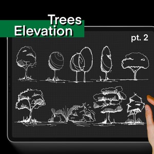 K&ouml;nnte beinhalten: Eine digitale Zeichnung verschiedener Baum-Silhouetten in Aufsicht. Die Zeichnung befindet sich auf einem schwarzen Hintergrund mit einem wei&szlig;en Rastermuster. Der Titel "Trees Elevation pt. 2" befindet sich oben auf der Zeichnung.