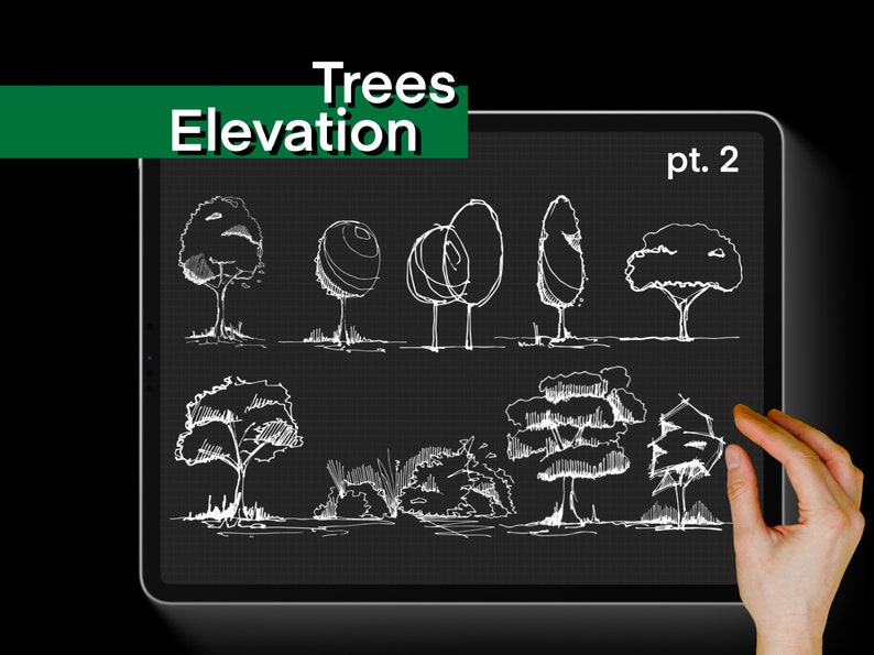 K&ouml;nnte beinhalten: Eine digitale Zeichnung verschiedener Baum-Silhouetten in Aufsicht. Die Zeichnung befindet sich auf einem schwarzen Hintergrund mit einem wei&szlig;en Rastermuster. Der Titel "Trees Elevation pt. 2" befindet sich oben auf der Zeichnung.