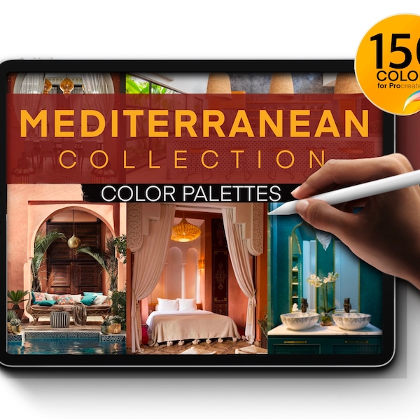 Mediterranean Color Palettes for Procreate | 150 Colors for Interior Design | Bedroom, Kitchen, Toilet & Bath, Dining Room, and Living Room