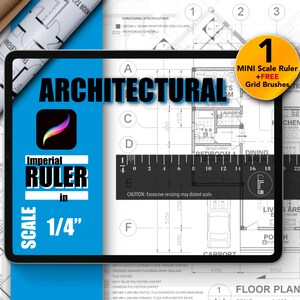 May include: A blue and white digital illustration of a ruler with the text "Architectural Imperial Ruler in 1/4" scale" and "Caution: Excessive resizing may distort scale". The ruler is on a digital drawing of a floor plan with a car, a house, and the text "Floor Plan".