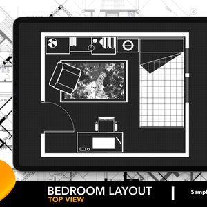 Puede incluir: Un plano de planta de dormitorio en blanco y negro visto desde arriba. El plano muestra una cama, un escritorio, una silla y una alfombra. El texto "BEDROOM LAYOUT TOP VIEW" está en la parte inferior de la imagen.