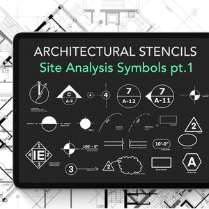 May include: A black and white digital tablet screen displaying architectural site analysis symbols. The screen shows a compass, a triangle, a circle, a rectangle, a cloud, and other symbols. The text on the screen reads "ARCHITECTURAL STENCILS Site Analysis Symbols pt. 1".