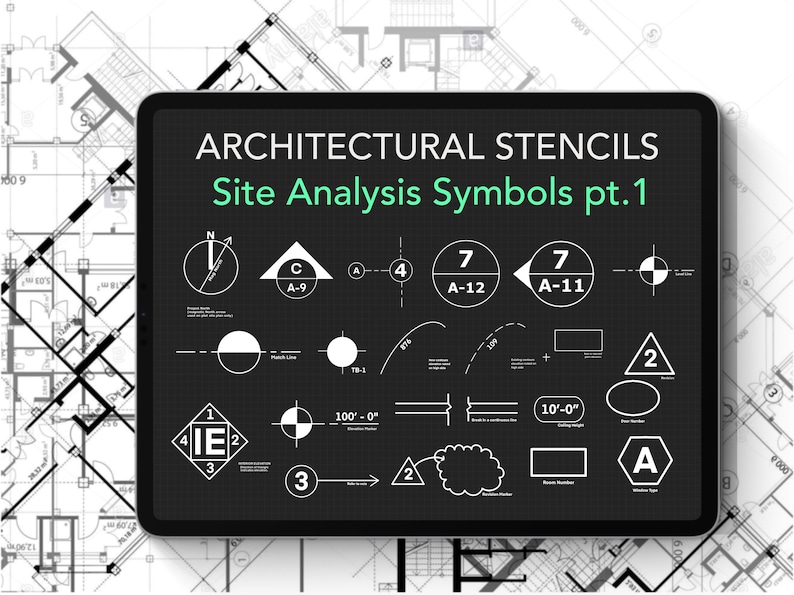 May include: A black and white digital tablet screen displaying architectural site analysis symbols. The screen shows a compass, a triangle, a circle, a rectangle, a cloud, and other symbols. The text on the screen reads "ARCHITECTURAL STENCILS Site Analysis Symbols pt. 1".