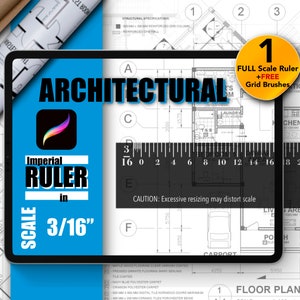 Pode incluir: Um tablet digital que exibe um fundo azul com o texto "Architectural" e "Imperial Ruler in Scale 3/16" em branco. O tablet exibe um plano de planta arquitetônico em preto e branco com uma régua na parte inferior. A régua é etiquetada com números de 0 a 26. O tablet está sobre um fundo branco com um plano.
