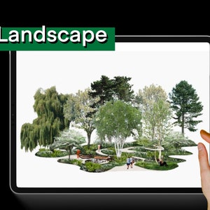 K&ouml;nnte beinhalten: Eine digitale Illustration eines Landschaftsdesigns mit einer Vielzahl von B&auml;umen und Str&auml;uchern, gewundenen Wegen und einem kleinen Teich. Das Design umfasst eine Vielzahl von gr&uuml;nem Laub und ein paar Personen, die durch die Landschaft gehen.