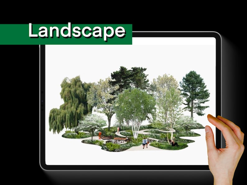 K&ouml;nnte beinhalten: Eine digitale Illustration eines Landschaftsdesigns mit einer Vielzahl von B&auml;umen und Str&auml;uchern, gewundenen Wegen und einem kleinen Teich. Das Design umfasst eine Vielzahl von gr&uuml;nem Laub und ein paar Personen, die durch die Landschaft gehen.