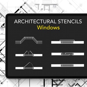 May include: A digital tablet screen displaying architectural stencils for windows. The stencils are black and white line drawings of different window styles, including arched, casement, and double-hung.