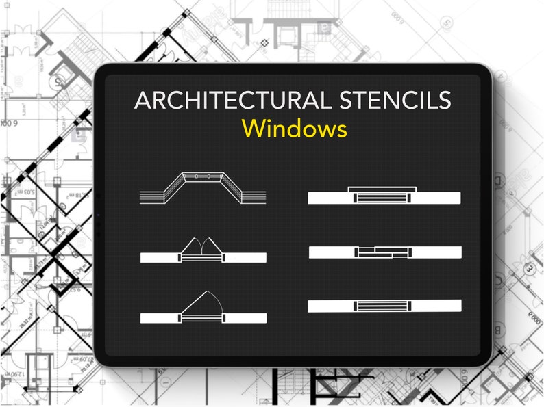 May include: A digital tablet screen displaying architectural stencils for windows. The stencils are black and white line drawings of different window styles, including arched, casement, and double-hung.