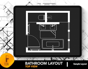 May include: A black and white top view blueprint of a bathroom layout. The bathroom features a toilet, two sinks, a bathtub, and a shower. The text "Bathroom Layout" and "Top View" is displayed below the blueprint.