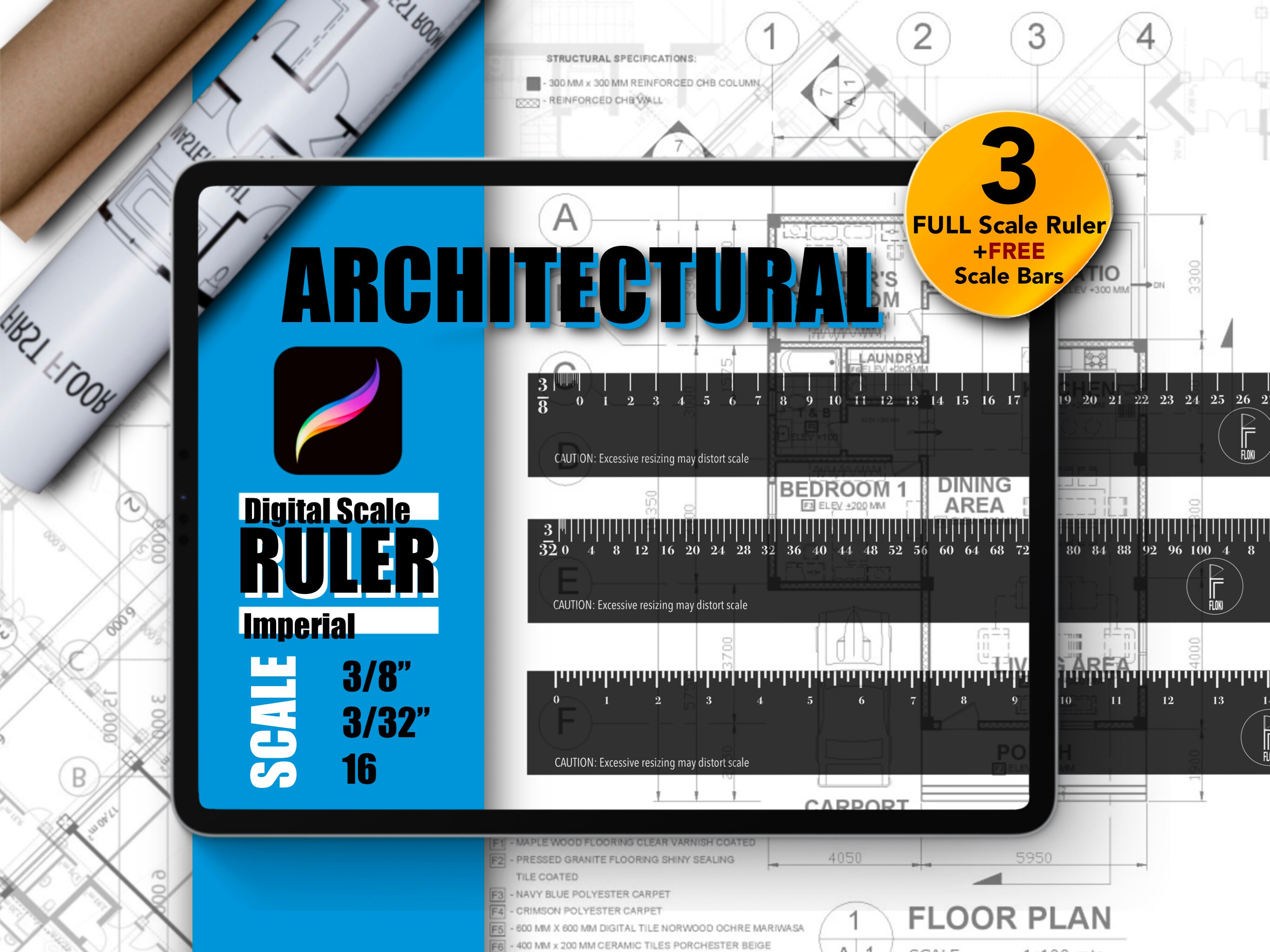 Procreate Architectural Rulers | SET OF 3 FULL Imperial/English Scale Rulers | 3/8", 3/32" & 16" Inches | Transparent Black|Free Scale Bars!