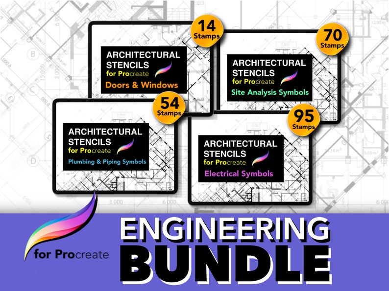 May include: A set of four digital stamp sets for Procreate, featuring architectural stencils for doors and windows, site analysis symbols, plumbing and piping symbols, and electrical symbols. The stamp sets are displayed on a white background with a blueprint pattern.