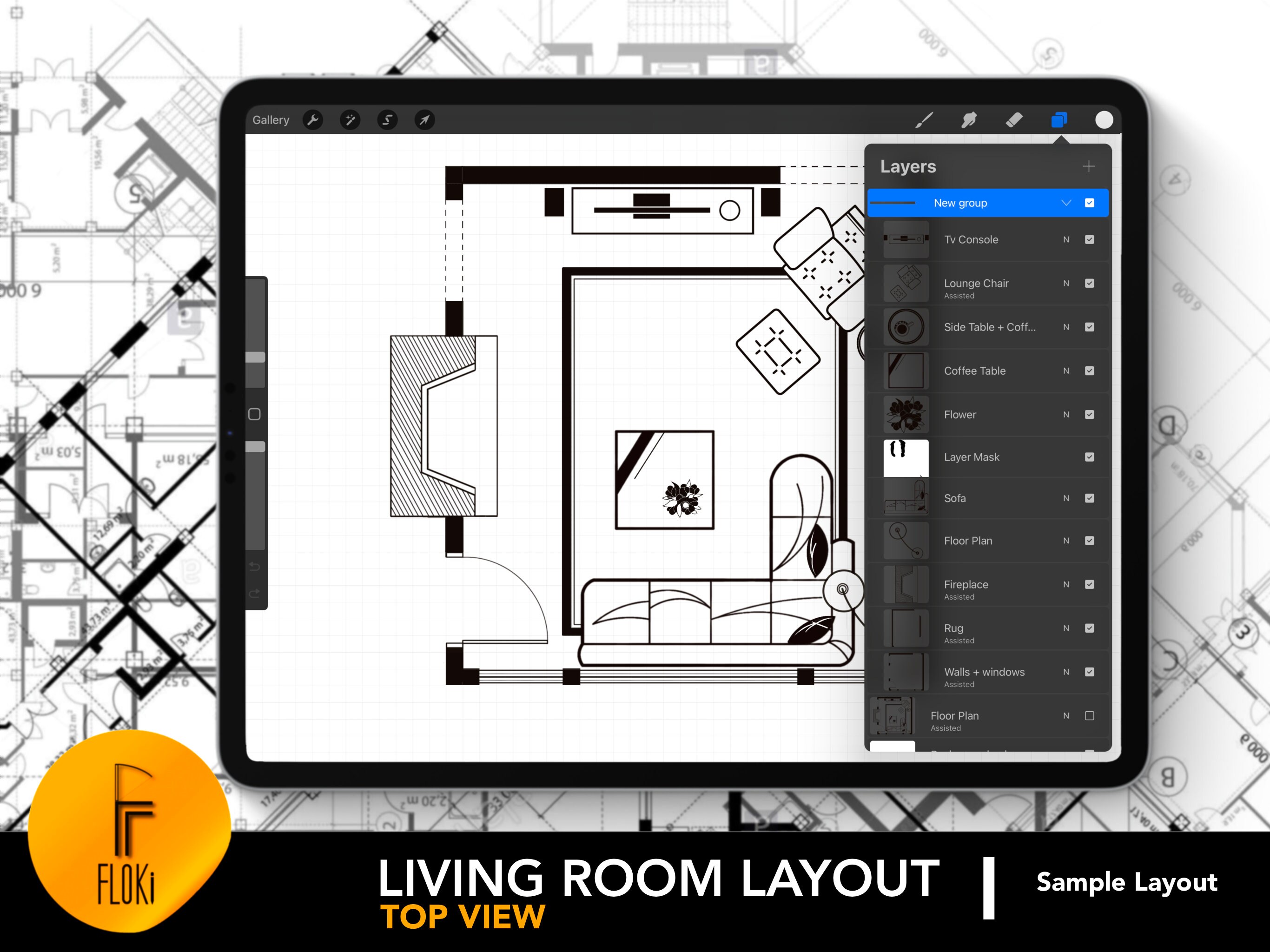 Architectural Living Room Layout for Procreate | Living Room Design 26 ...