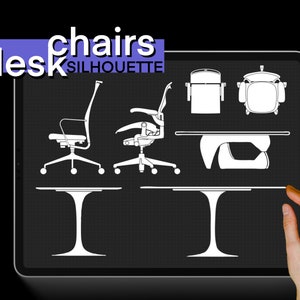 May include: A digital illustration of a desk and chairs on a tablet screen. The illustration shows a desk with a curved top and two chairs with wheels. The text "desk chairs silhouette" is displayed at the top of the screen.