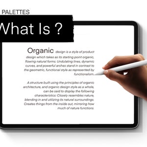 May include: A close-up of a digital tablet screen displaying the text "Organic design is a style of product design which takes as its starting point organic, flowing natural forms. Undulating lines, dynamic curves, and powerful arches stand in contrast to the geometric, functional style as represented by functionalism." A hand is holding a stylus and hovering over the screen.