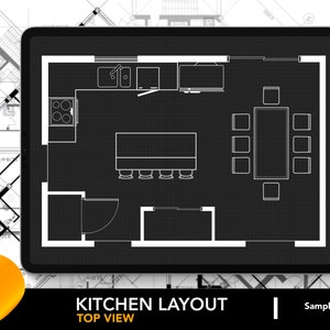 Puede incluir: Un plano de cocina en blanco y negro que se muestra en la pantalla de una tableta. El plano muestra una cocina con una isla grande, una mesa de comedor y un fregadero, una estufa y un refrigerador. El plano está etiquetado como "Diseño de cocina Vista superior" y "Diseño de muestra".