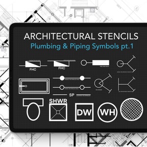 May include: Black and white architectural stencils for plumbing and piping symbols. The stencils include symbols for fire hose, fire sprinkler, shower, toilet, and more.