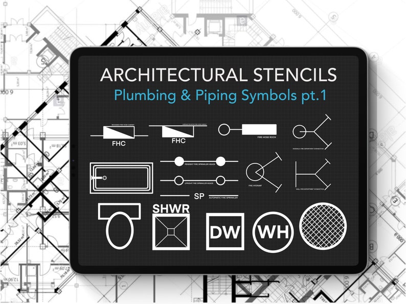 May include: Black and white architectural stencils for plumbing and piping symbols. The stencils include symbols for fire hose, fire sprinkler, shower, toilet, and more.